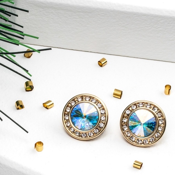 Goldtone Halo Stud Earrings with Swarovski AB Crystals - Picture 2 of 2